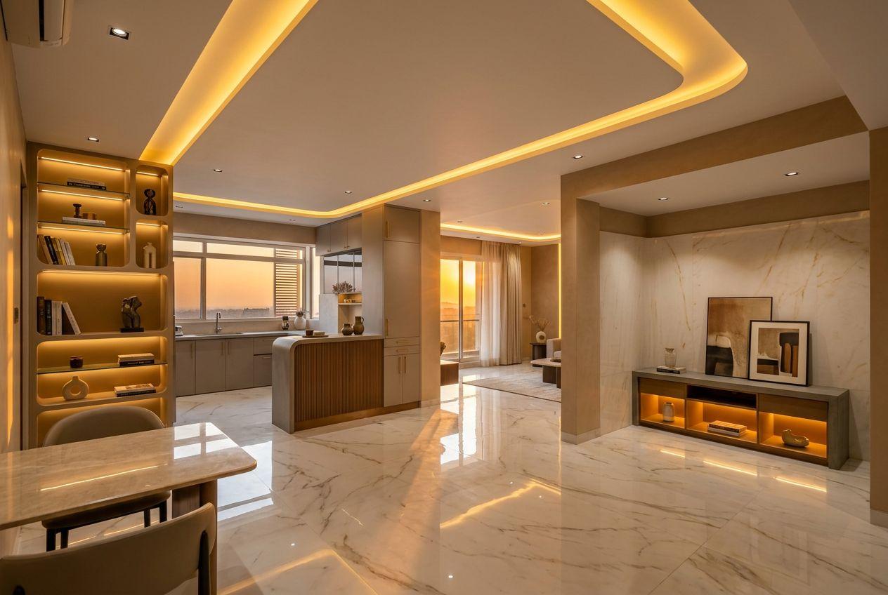 Photorealistic open-plan kitchen and living room render